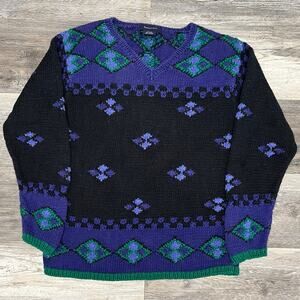 Vintage Eagles Eye Geometric Purple‎ Black Womens S V-Neck Chunky Knit Sweater